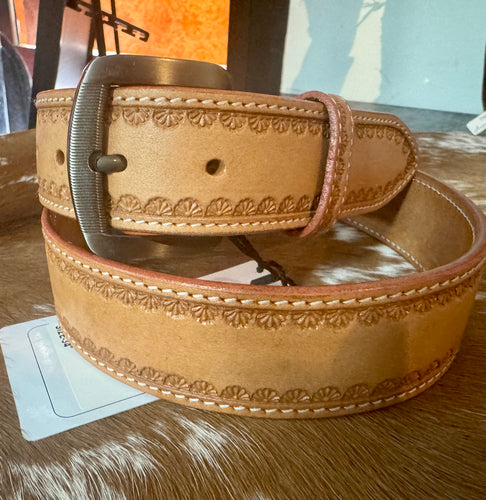 Ladies USA Leather belt with Floral Tooled edging in Tan