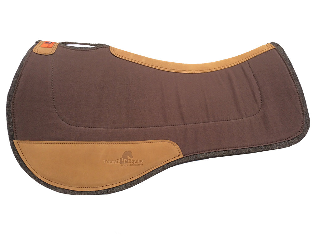 CHOCOLATE SADDLE PAD. CONTOURED WOOL/FELT WITH LEATHER WEAR PADS