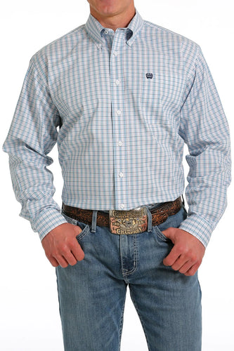 CINCH MENS STRETCH PLAID BUTTON DOWN WESTERN SHIRT - WHITE/TURQUOISE/RED - MTW1105563