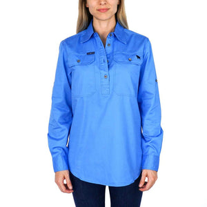 RINGERS WESTERN The Boss Lady Womens Half Button Work Shirt Denim Blue