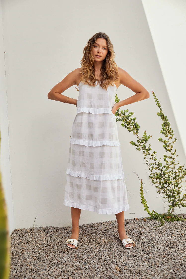 LJC BISTRO DRESS - SAND CHECK - LINEN