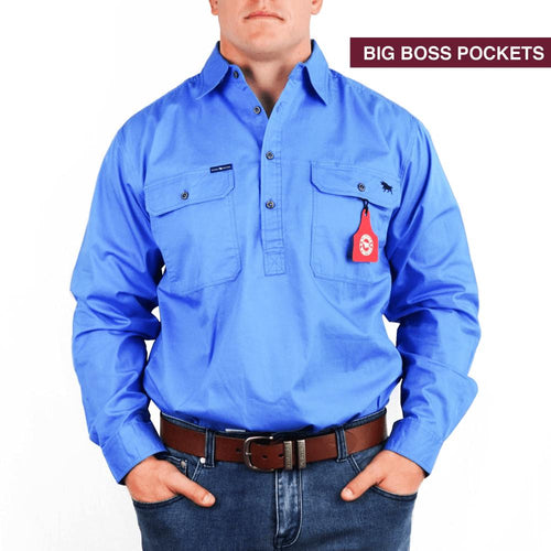 The Boss Mens Half Button Work Shirt Blue